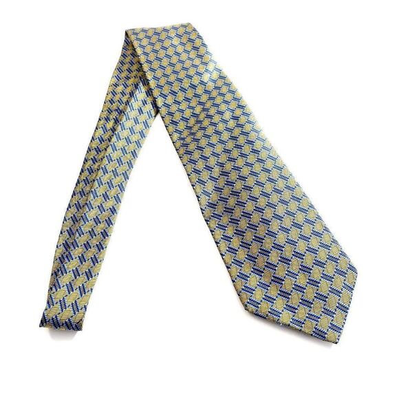 Jos A Bank Blue Yellow Woven Geometric Long Silk Tie - Picture 6 of 6